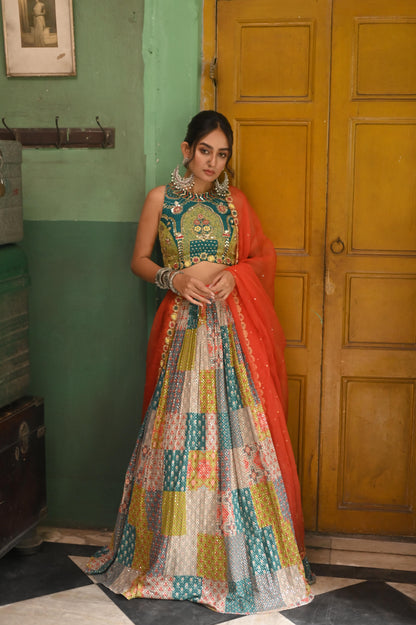 Multicolor Georgette Sequin Lehenga with Hand-Embroidered Raw Silk Blouse