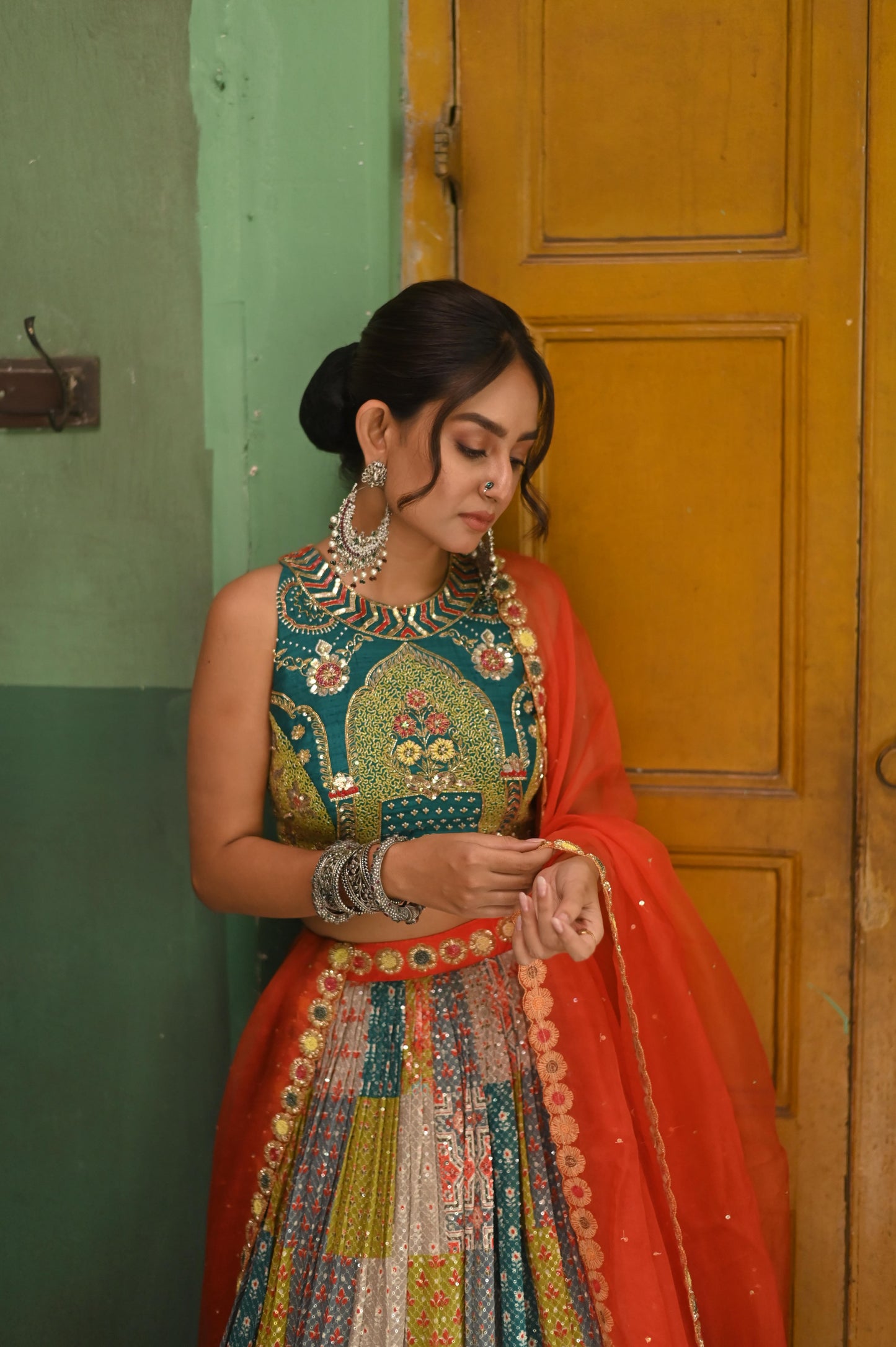 Multicolor Georgette Sequin Lehenga with Hand-Embroidered Raw Silk Blouse