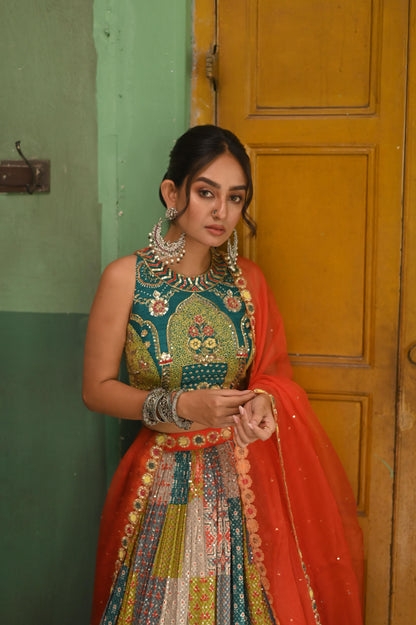Multicolor Georgette Sequin Lehenga with Hand-Embroidered Raw Silk Blouse