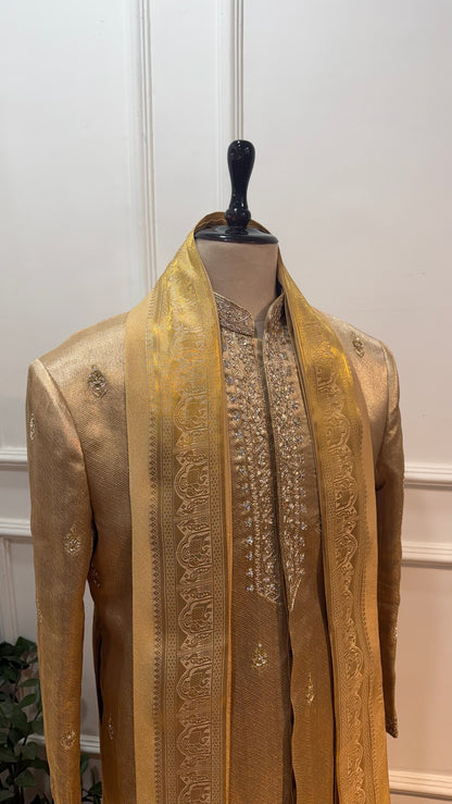 Luxurious textured silk tissue sherwani with hand embroidery