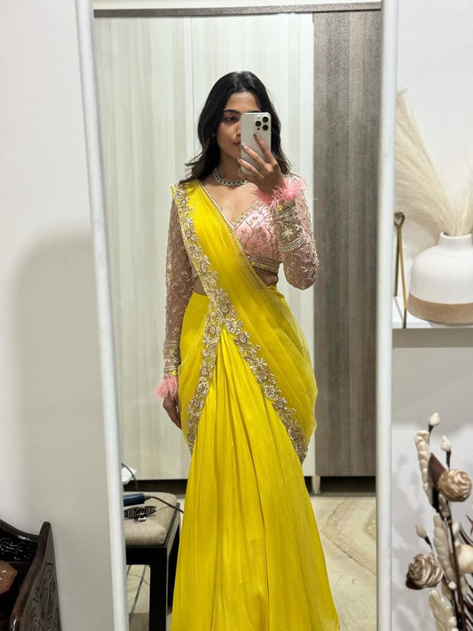 Yellow Crepe Georgette Half Saree Set with Embroidered Net Blouse and Dupatta