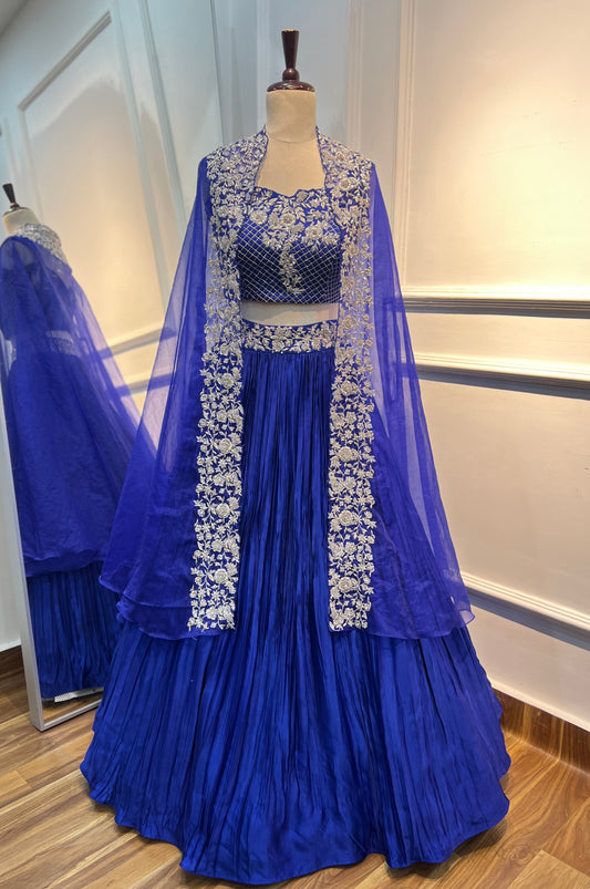 Product Name: Satin Raw Silk Lehenga Set with Hand-Embroidered Organza Cape