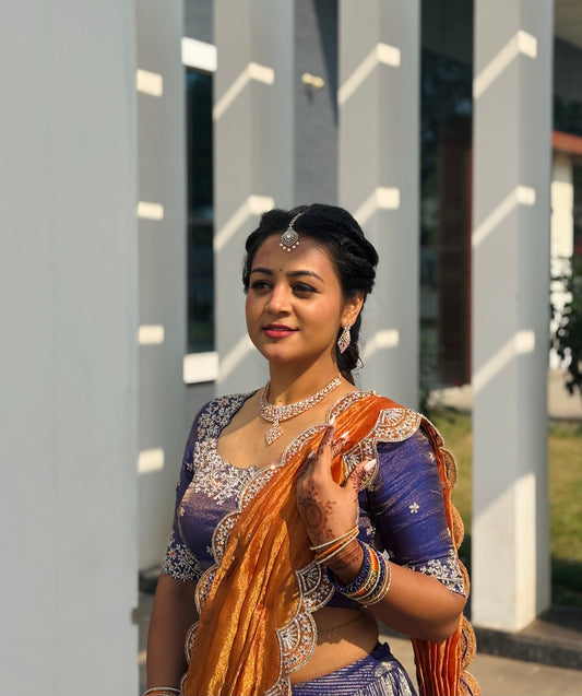Banarasi Tissue Lehenga with Swarovski Hand-Embroidered Blouse & Contrasting Dupatta