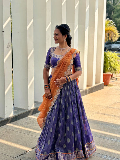Banarasi Tissue Lehenga with Swarovski Hand-Embroidered Blouse & Contrasting Dupatta