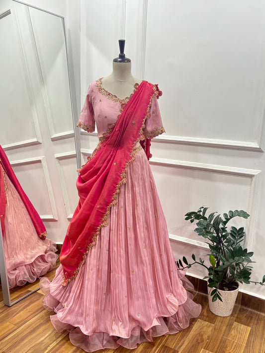 The "Rose Glow" Pleated Tissue Lehenga Set