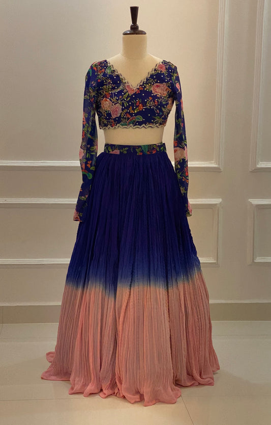 Blue & Peach Ombre Lehenga Set with Hand-Embroidered Blouse