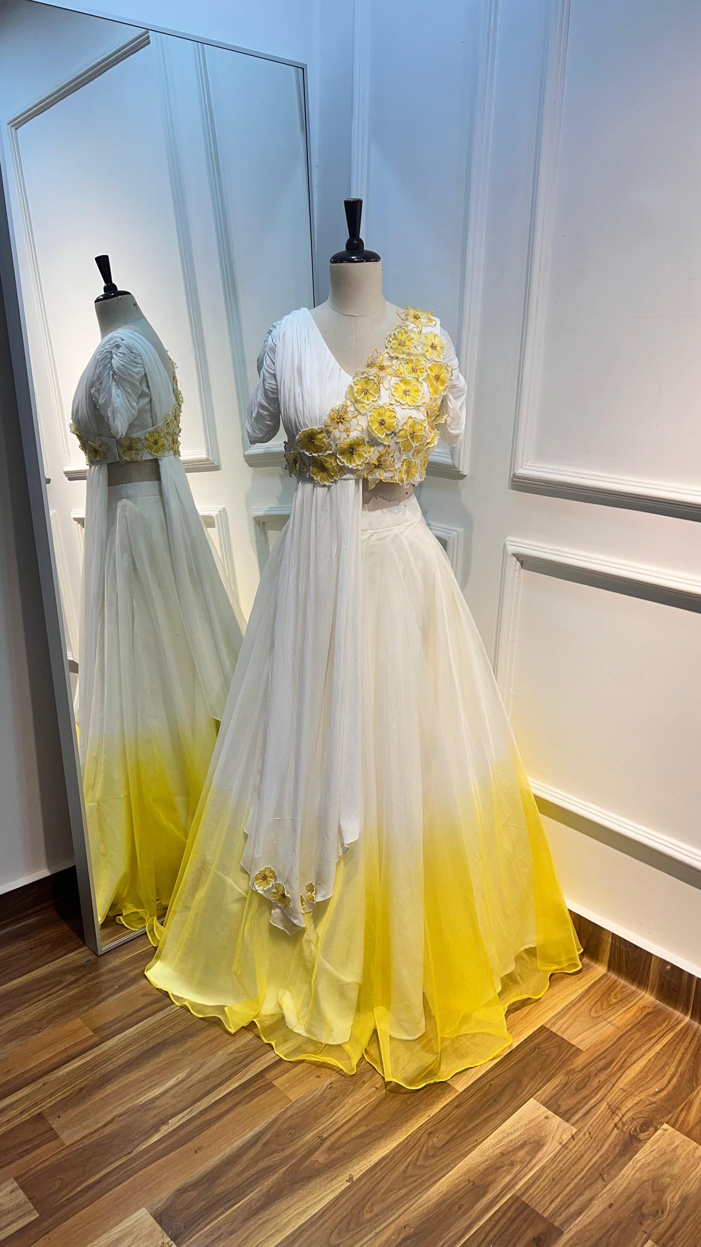 White and Yellow 3D flowers Lehenga