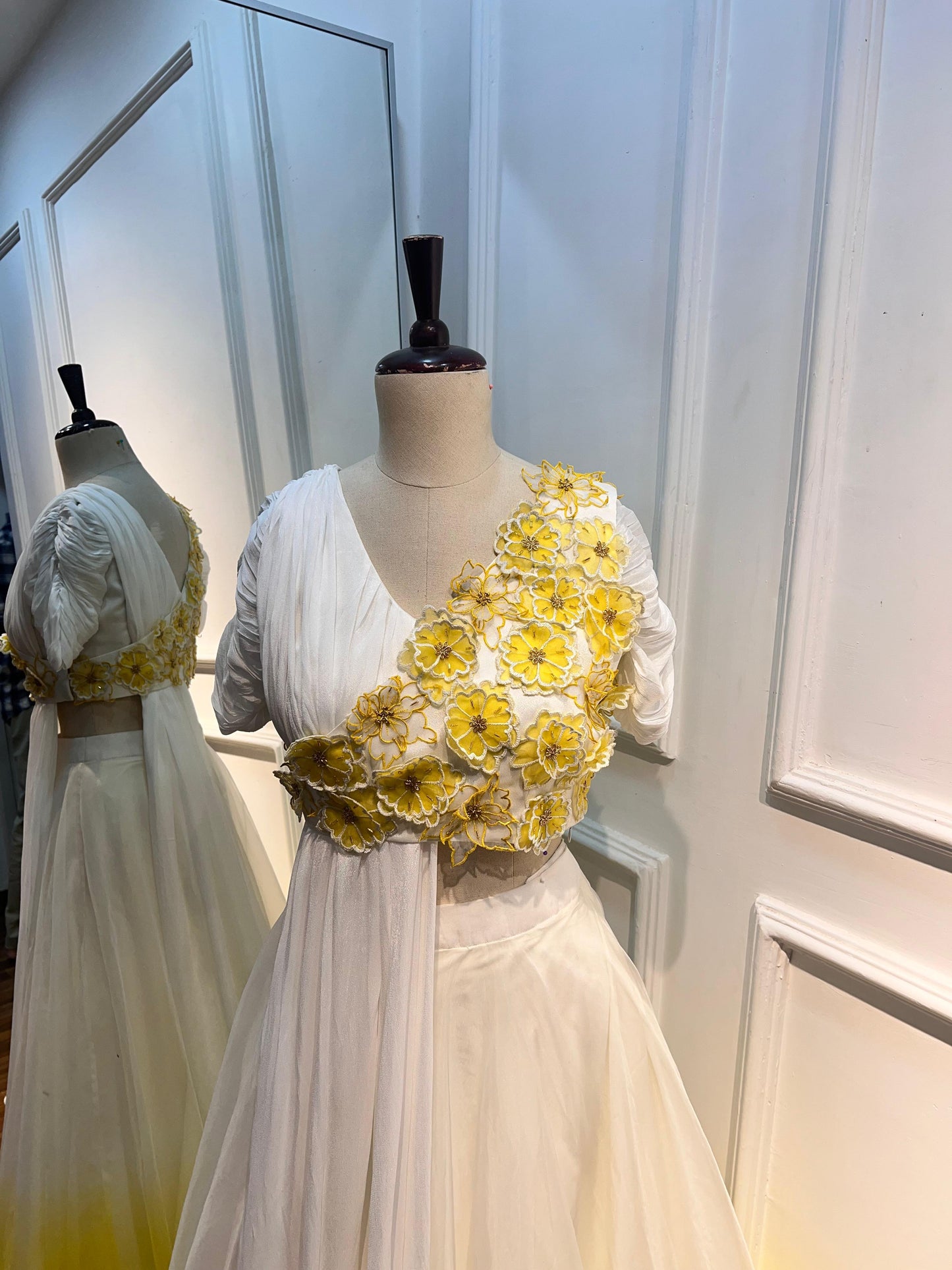 White and Yellow 3D flowers Lehenga