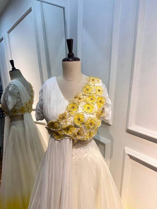 White and Yellow 3D flowers Lehenga