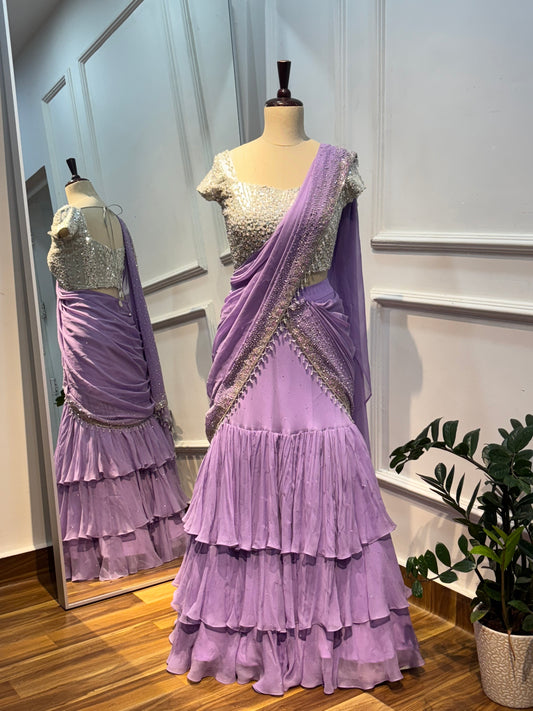 The "Twilight Lilac" Layered Chinon Ruffle Saree Set