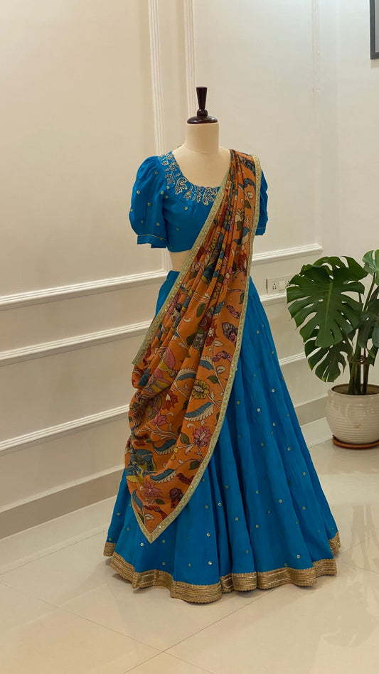 Falling Raw Silk Lehenga Set with Handwork Blouse & Kalamkari Dupatta