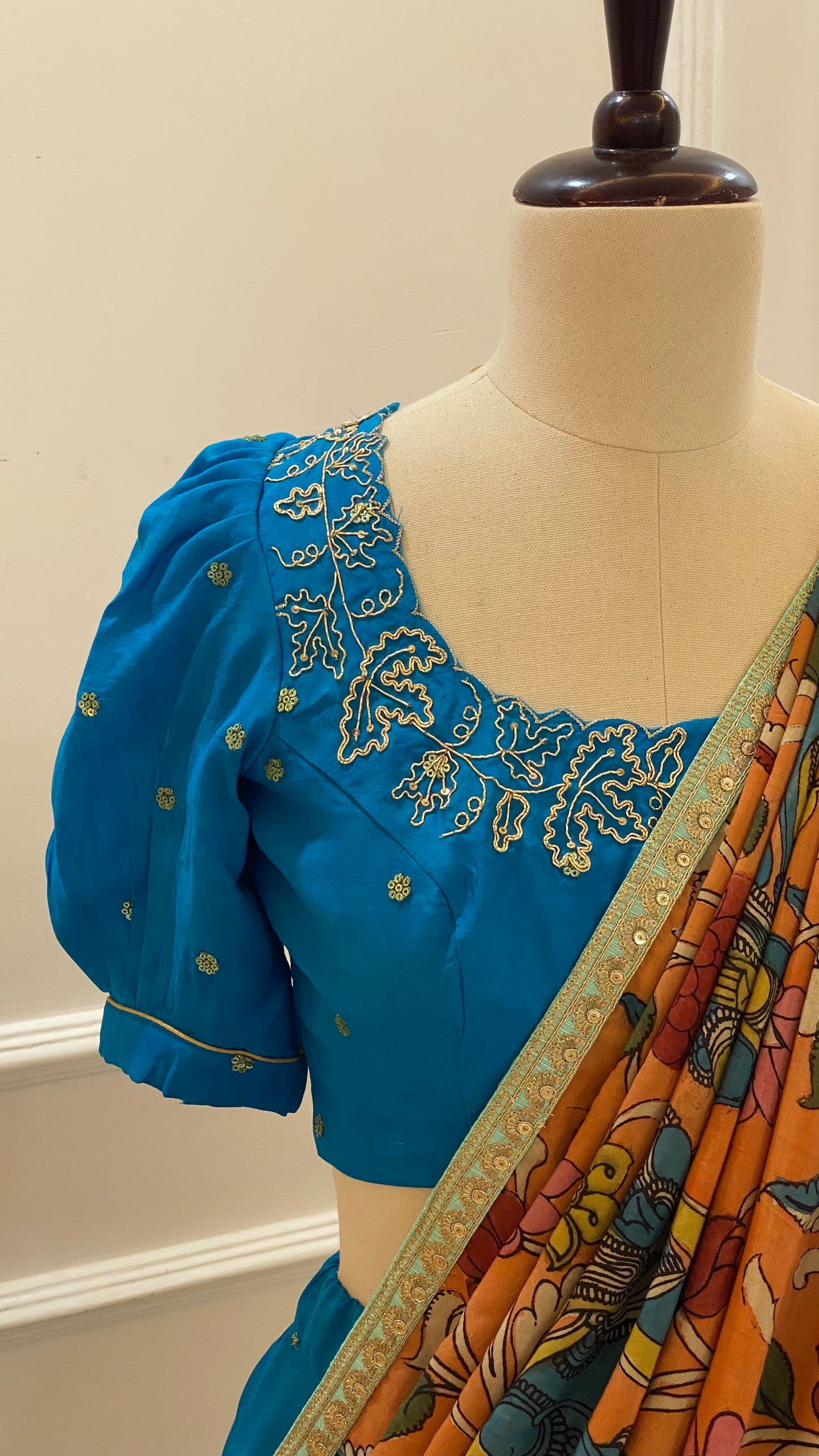 Falling Raw Silk Lehenga Set with Handwork Blouse & Kalamkari Dupatta