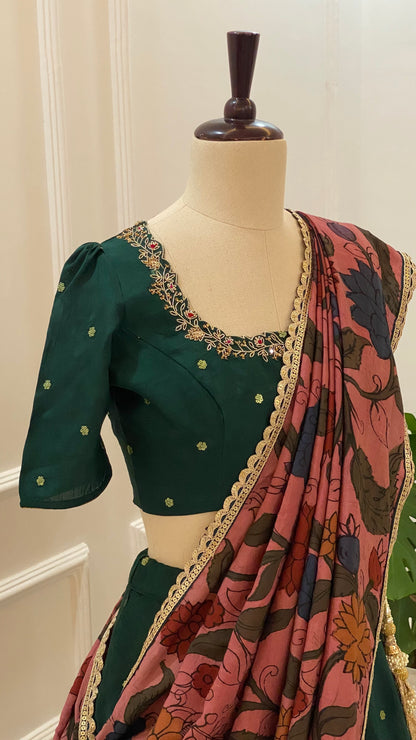 Falling Raw Silk Lehenga Set with Kalamkari Dupatta and Handworked Blouse