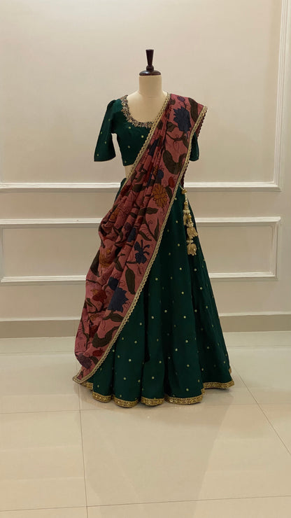 Falling Raw Silk Lehenga Set with Kalamkari Dupatta and Handworked Blouse