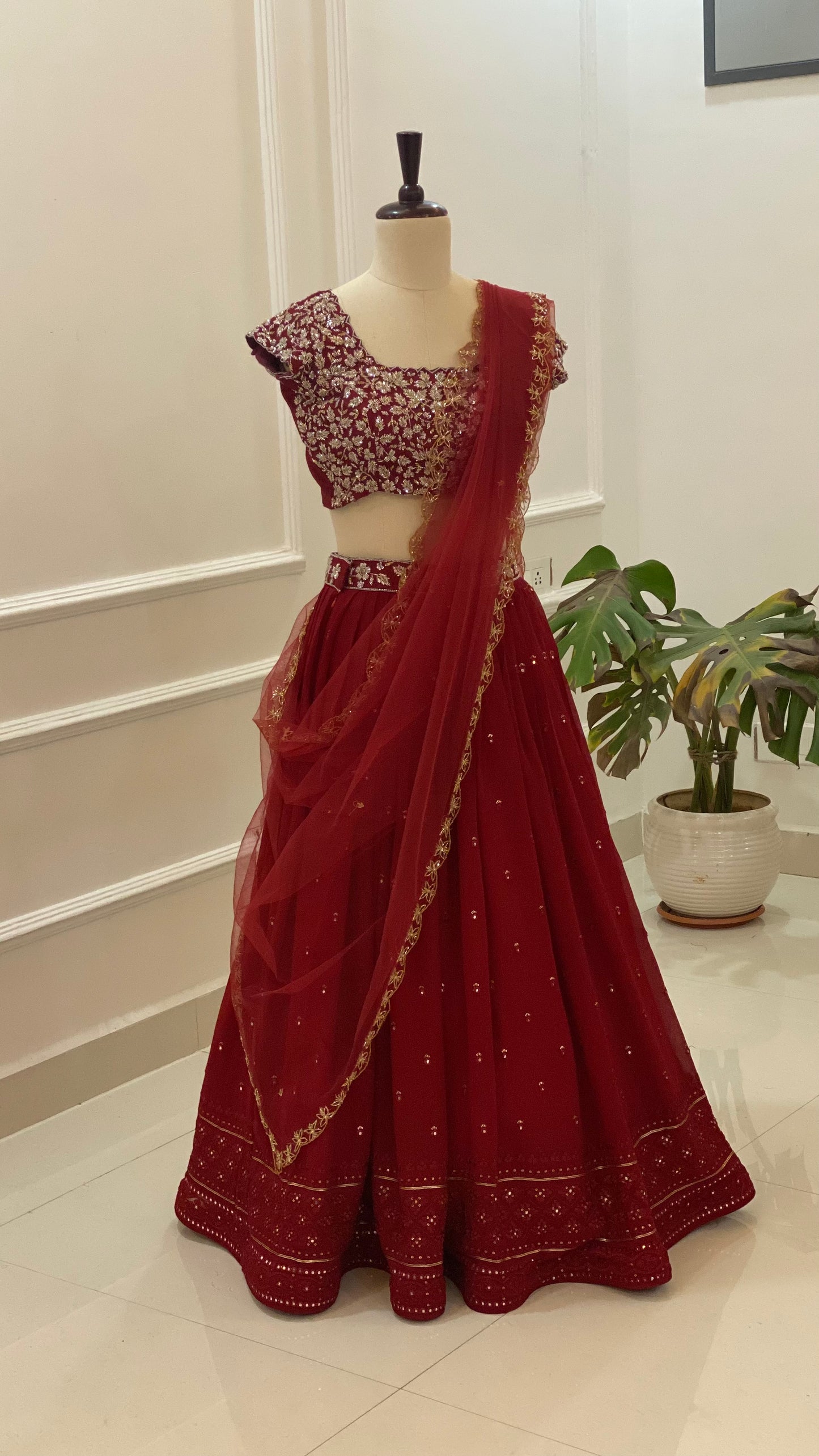 Maroon Georgette Lehenga Set with Embellished Blouse & Net Dupatta