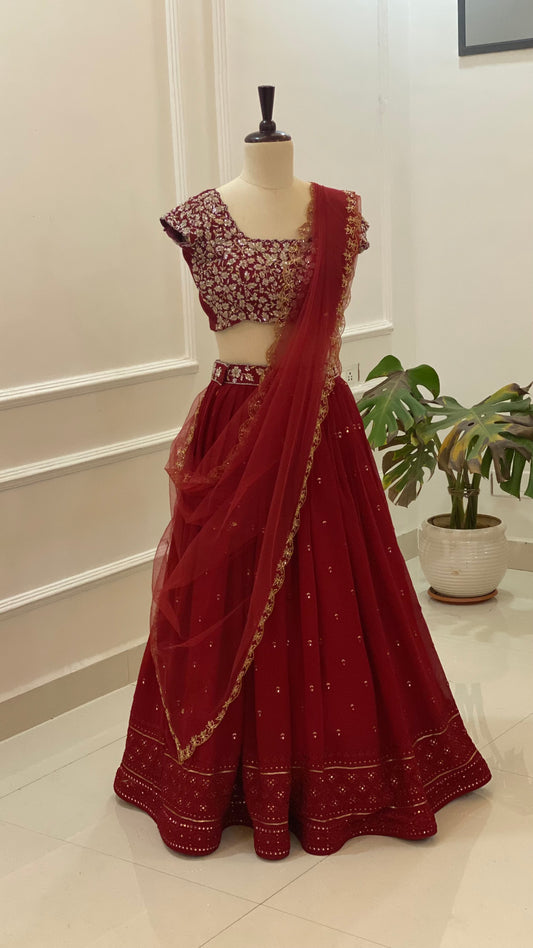 Maroon Georgette Lehenga Set with Embellished Blouse & Net Dupatta