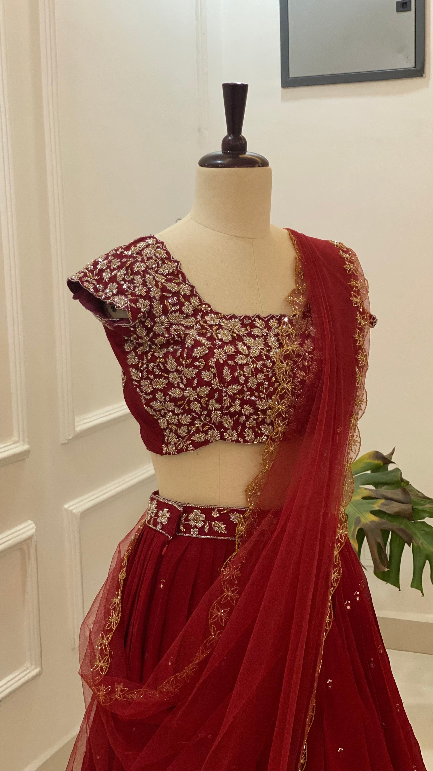 Maroon Georgette Lehenga Set with Embellished Blouse & Net Dupatta