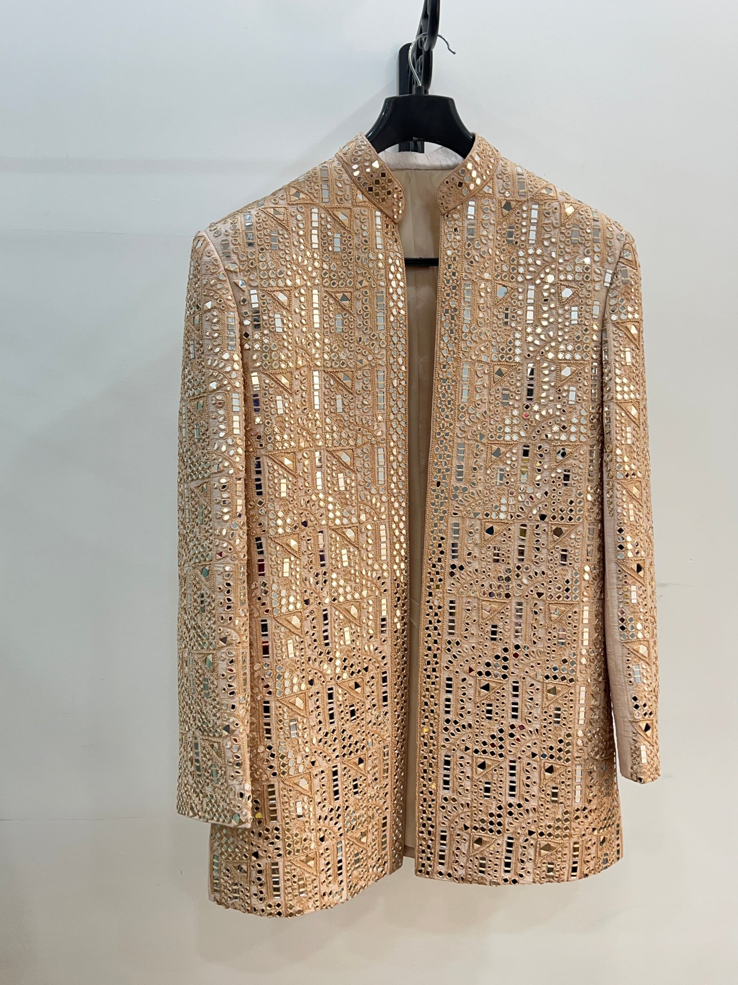 Beige Raw Silk Open Sherwani with Mirror Embellishment