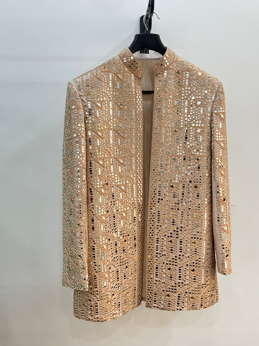 Beige Raw Silk Open Sherwani with Mirror Embellishment