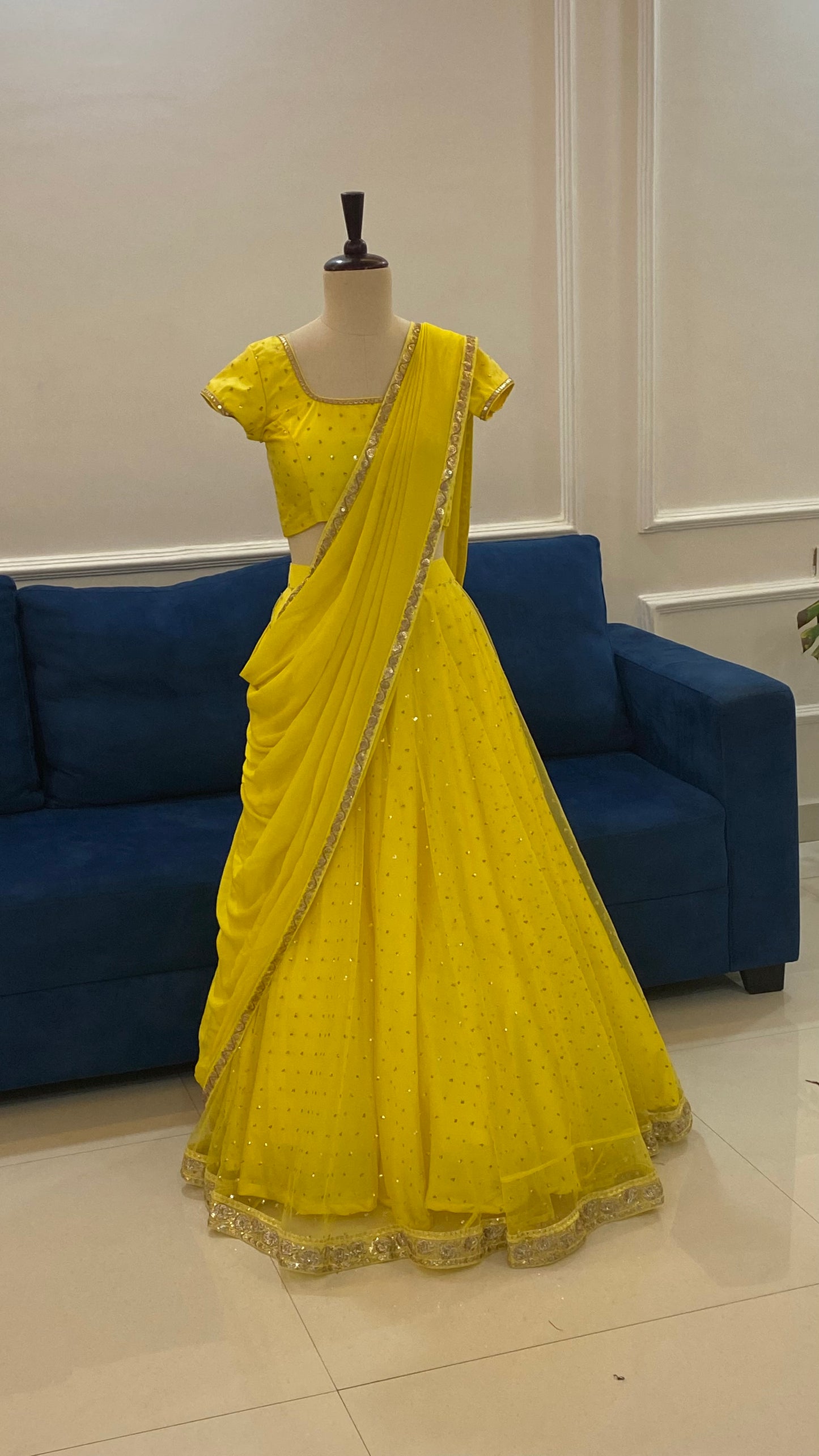 Yellow Net Lehenga with Buti Work and Georgette Dupatta