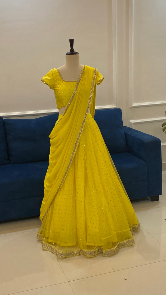 Yellow Net Lehenga with Buti Work and Georgette Dupatta