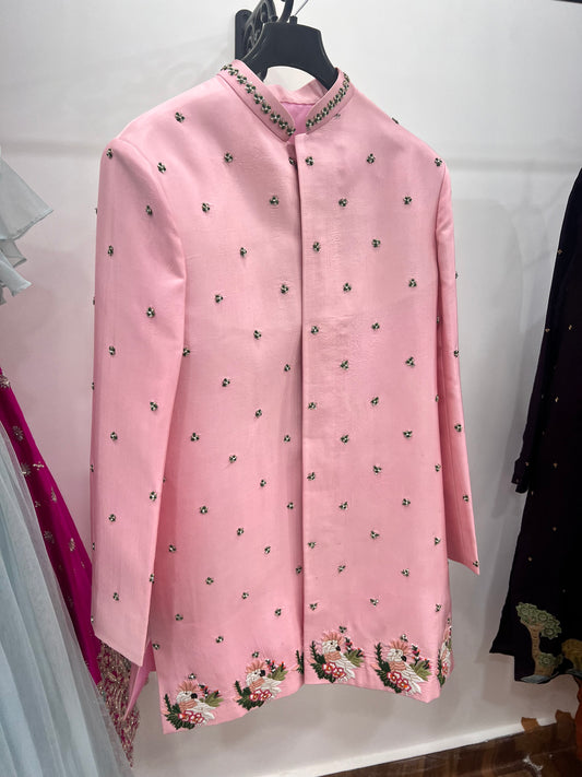 Pink Silk Semi Sherwani Set with Hand Embroidery