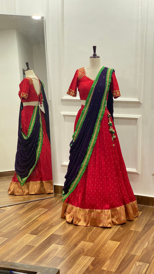Traditional Paithani Lehenga Set with Raw Silk Maggam Work Blouse
