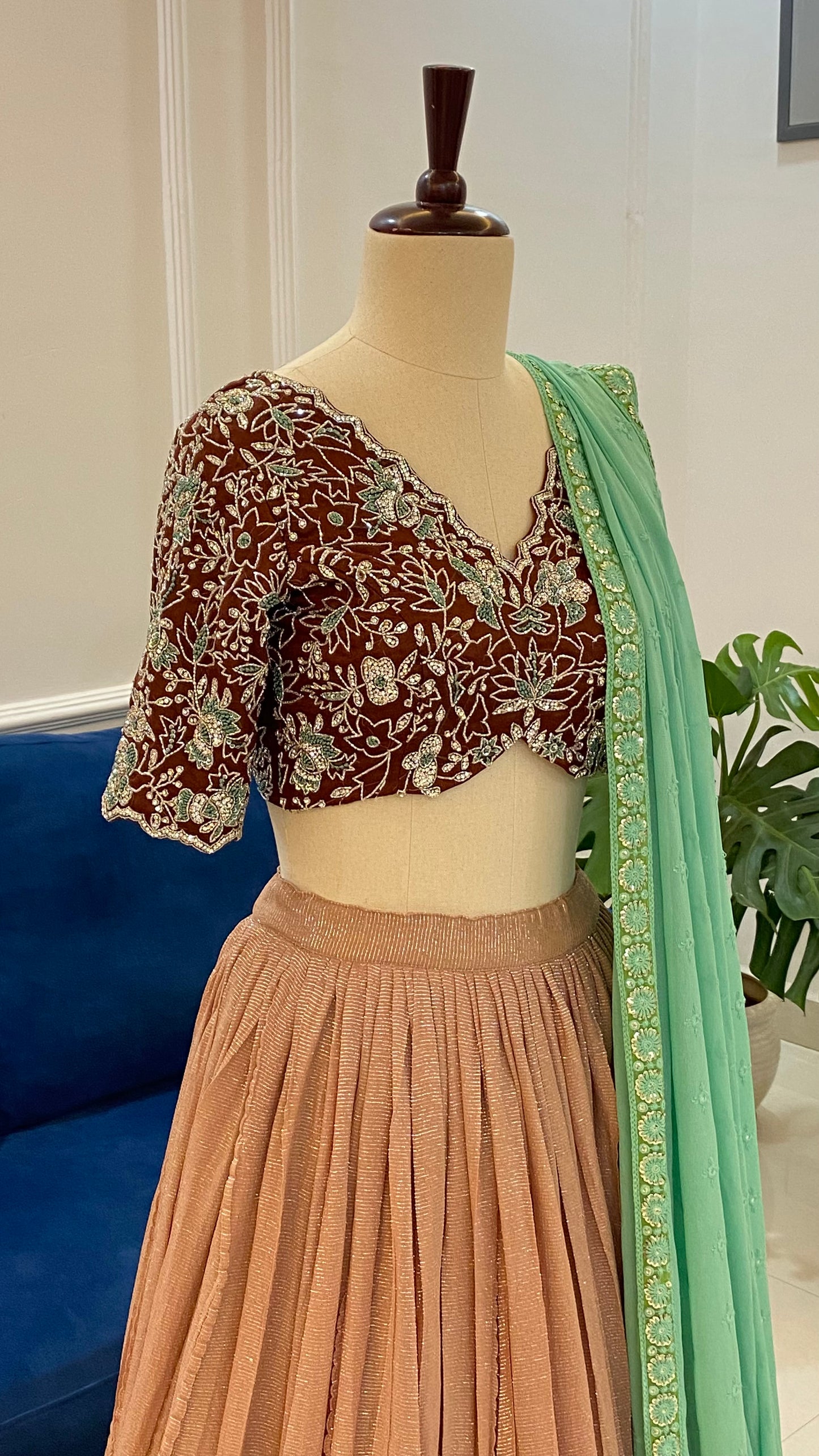 Georgette Jari Stripe Lehenga Set with Organza Work Blouse & Falling Chinon Dupatta