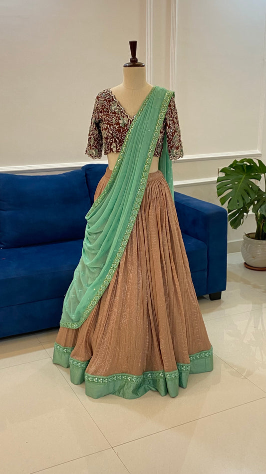 Georgette Jari Stripe Lehenga Set with Organza Work Blouse & Falling Chinon Dupatta