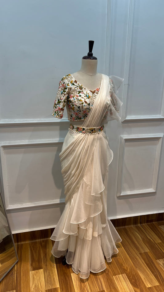 Beige Chinon Ruffle Saree with Multicolour Knot Work Blouse