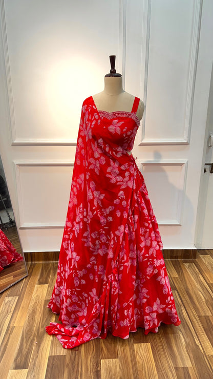 Red Floral Silk Organza Lehenga Set