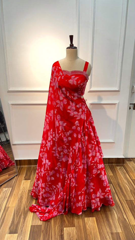 Red Floral Silk Organza Lehenga Set