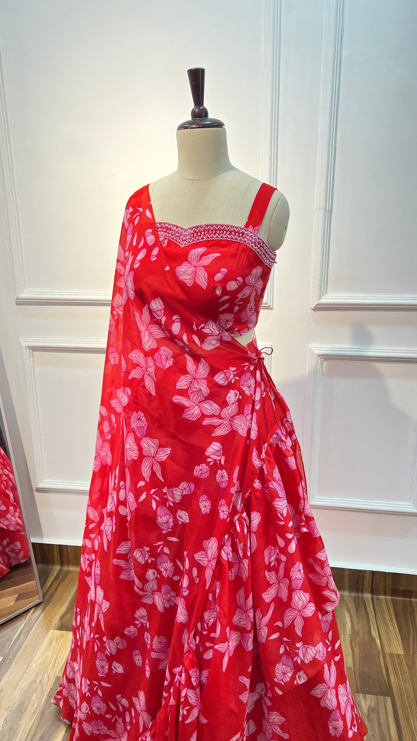Red Floral Silk Organza Lehenga Set