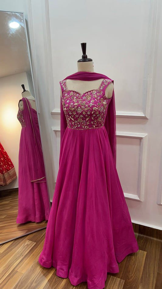 Hand-Embroidered Pink Georgette Gown with Dupatta
