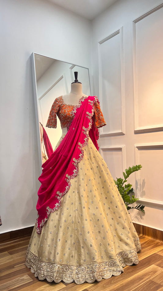 Raw Silk Blouse And Banarasi Lehenga With Cutwork Dupatta