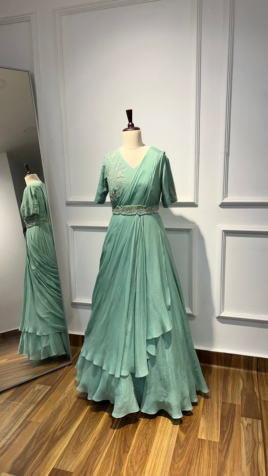 Mint Green Draped Georgette Gown with Hand Embroidery