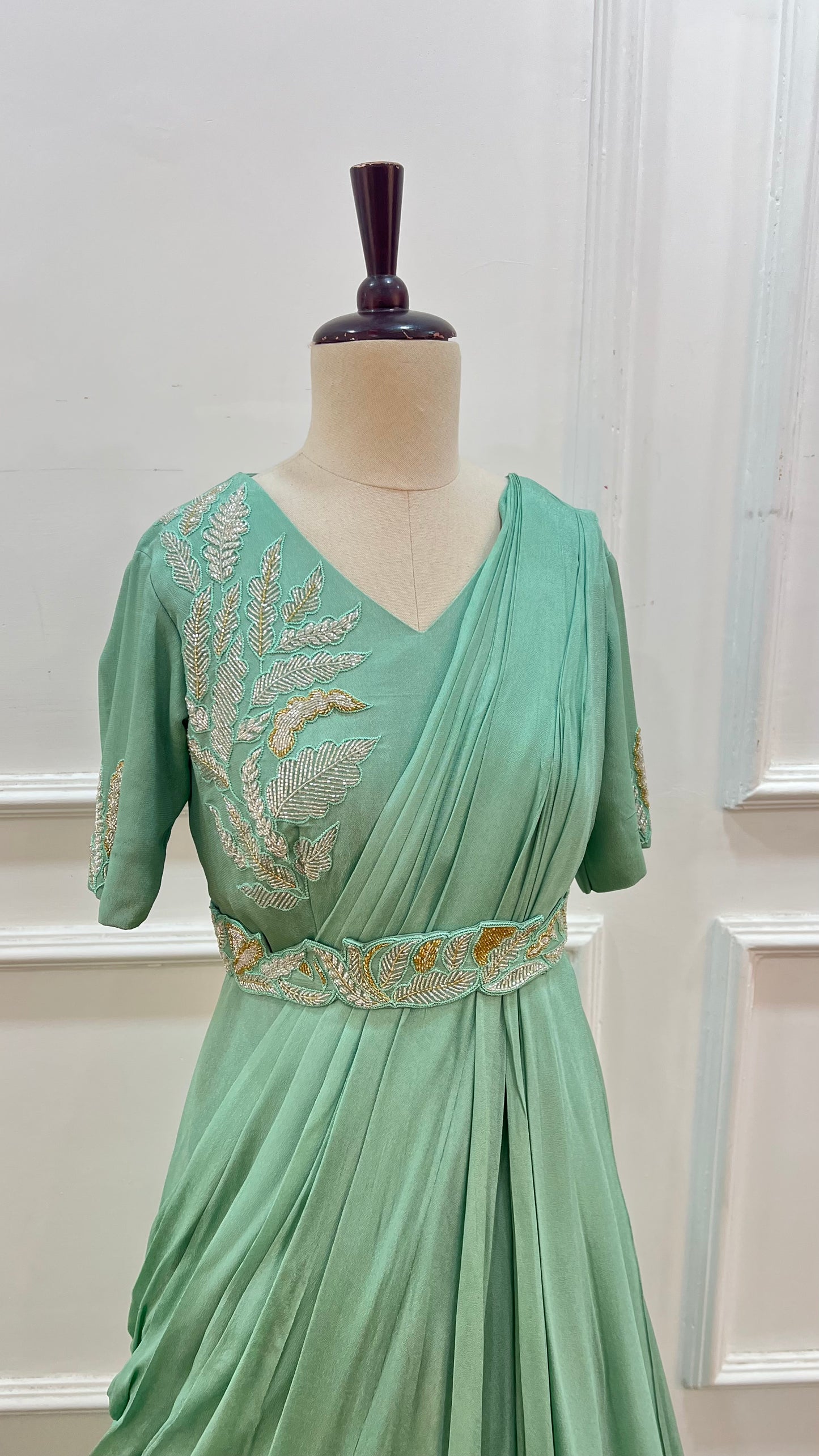 Mint Green Draped Georgette Gown with Hand Embroidery