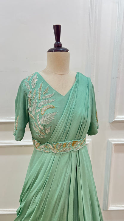 Mint Green Draped Georgette Gown with Hand Embroidery