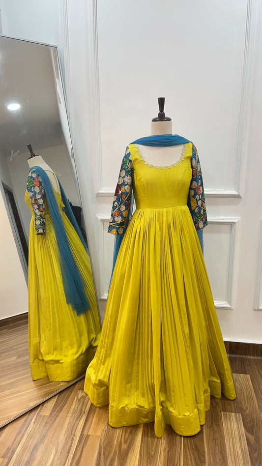 Chanderi Long Gown with Kalamkari Sleeves