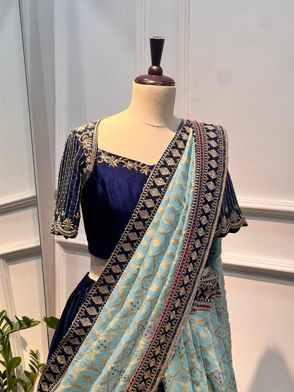 Navy Satin Raw Silk Lehenga Set with Hand-Embroidered Blouse and Banarasi Dupatta