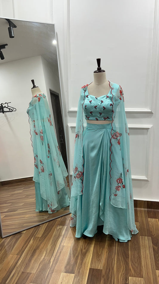 Aqua Satin Lehenga Set with Rose Butis and Cutwork Dupatta