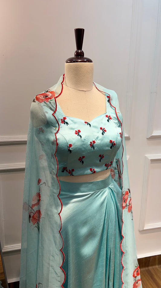Aqua Satin Lehenga Set with Rose Butis and Cutwork Dupatta