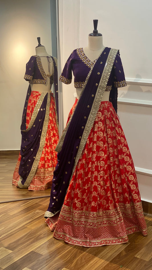 Red Banarasi Lehenga with Raw Silk Blouse & Chinon Dupatta