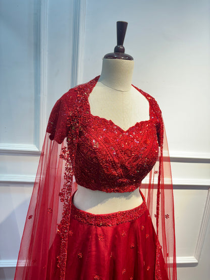 Hand-Embroidered Red Organza Lehenga Set