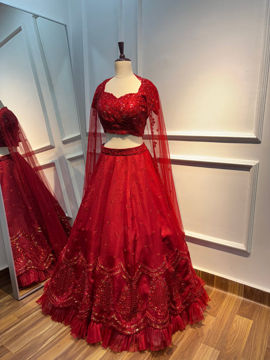 Hand-Embroidered Red Organza Lehenga Set