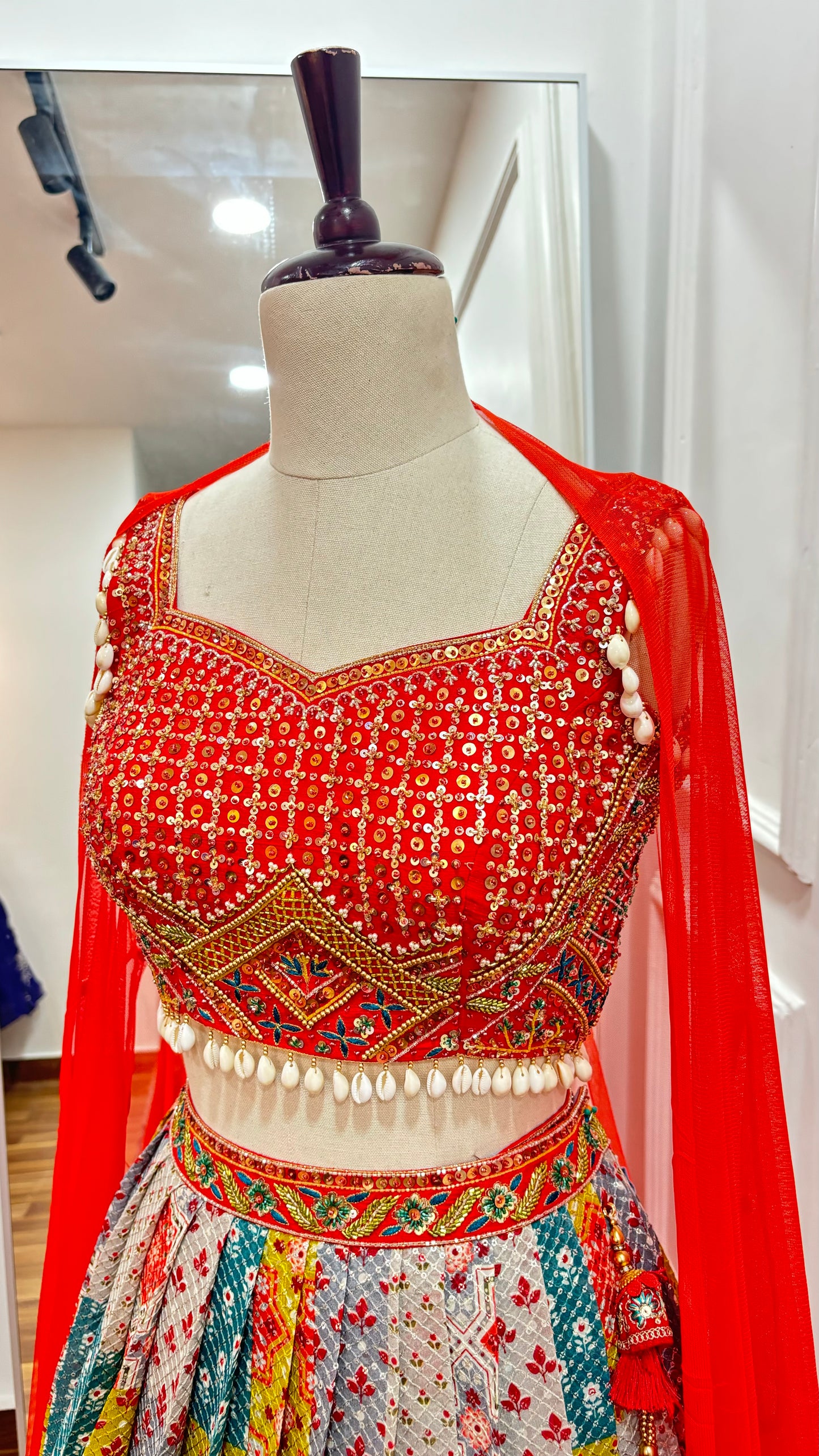 Multicolor Georgette Lehenga Set with Hand-Embroidered Raw Silk Blouse
