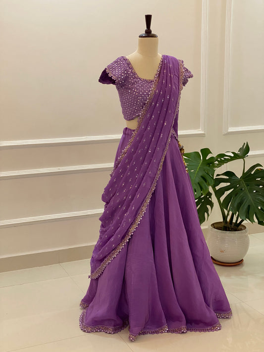 Mirror Work Lehenga Set in Tussar Silk & Georgette Dupatta