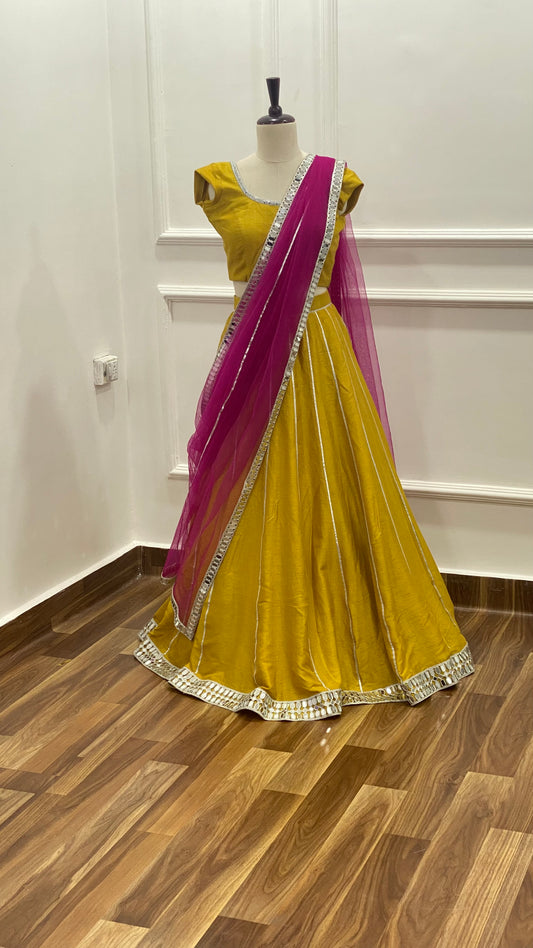 Mustard Yellow Mirror Work Raw Silk Lehenga Set