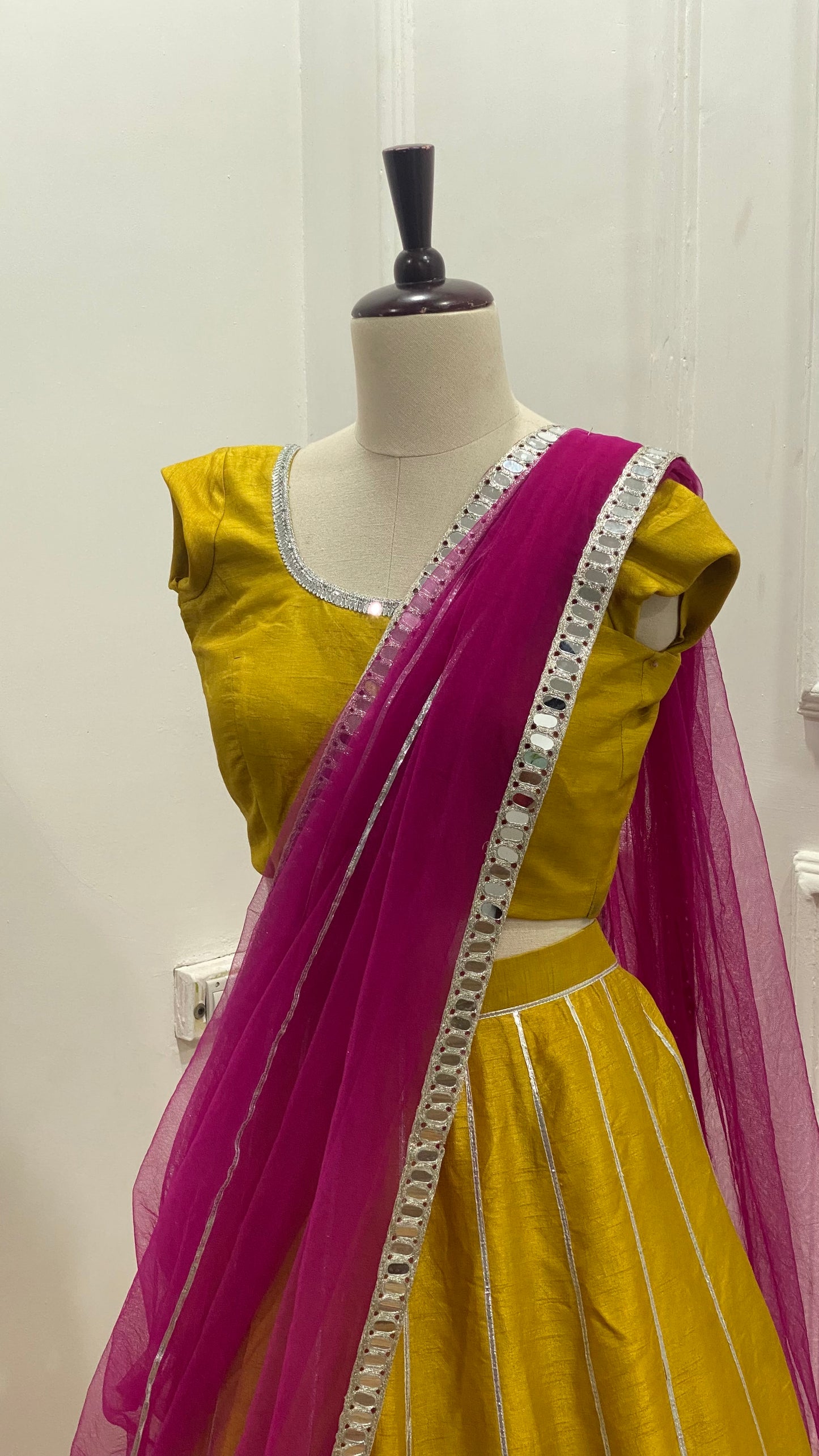 Mustard Yellow Mirror Work Raw Silk Lehenga Set
