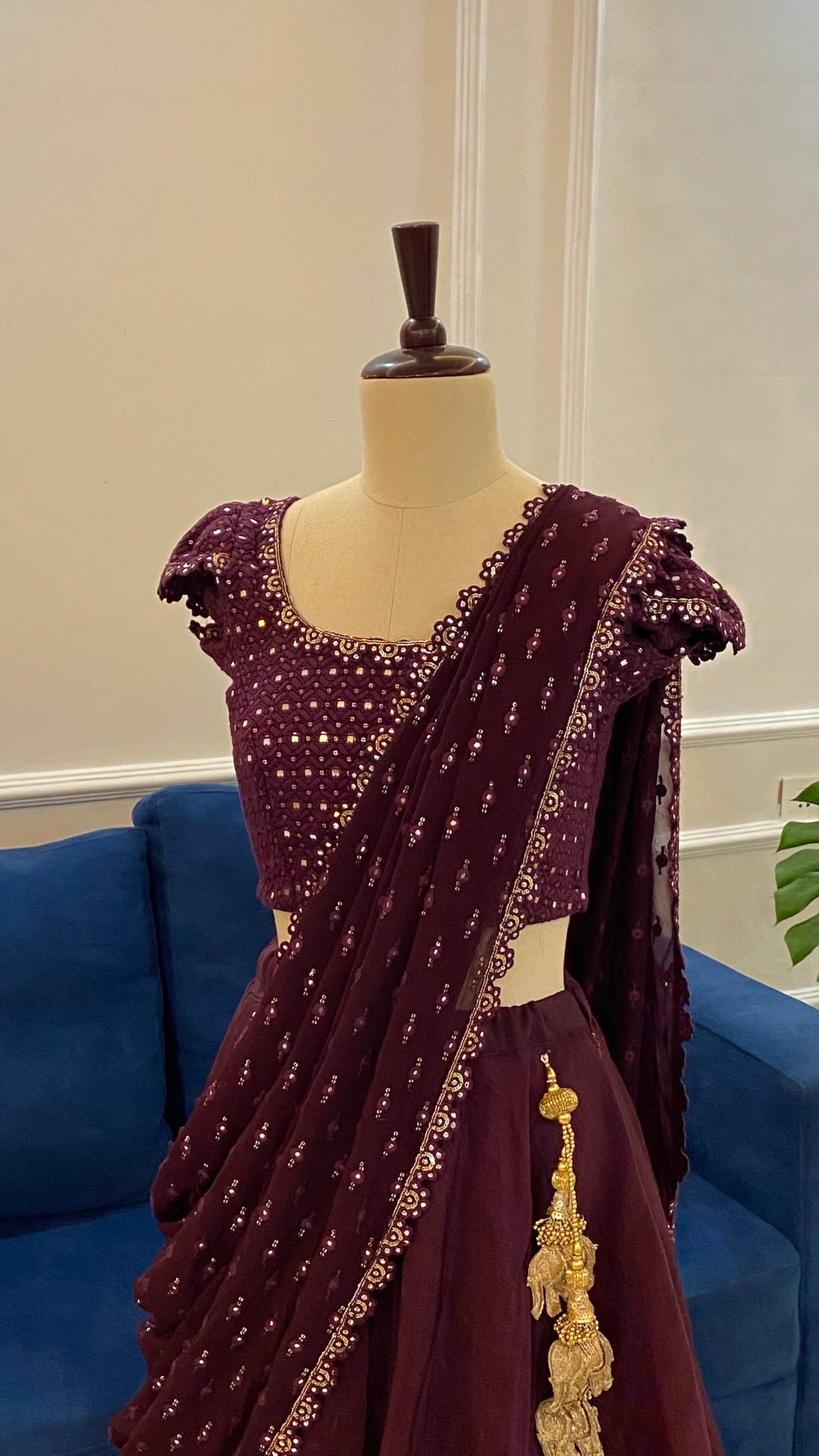 Wine Mirror Work Lehenga Set in Tussar Silk with Georgette Dupatta